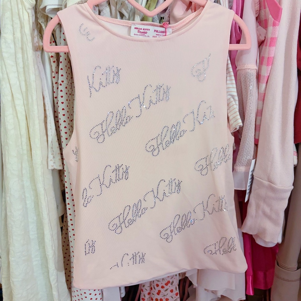 Pull & Bear UK Hello Kitty Pink Rhinestone Y2K Tank Top Sz XS